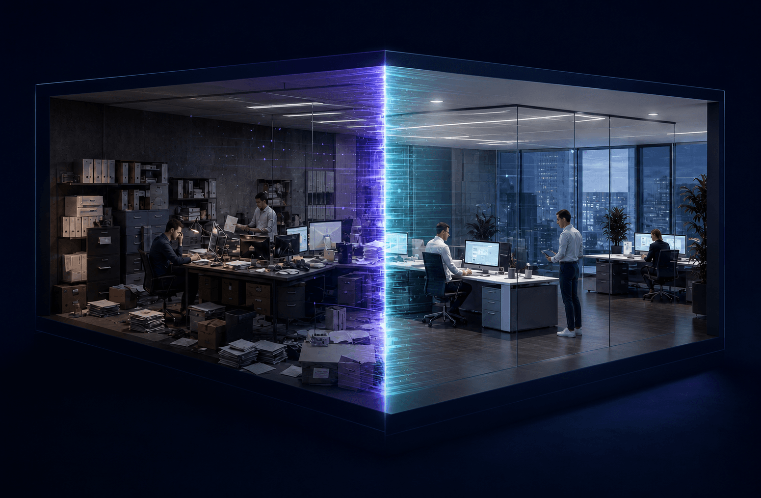 3D-Schnitt eines Büros vor und nach der digitalen Organisation