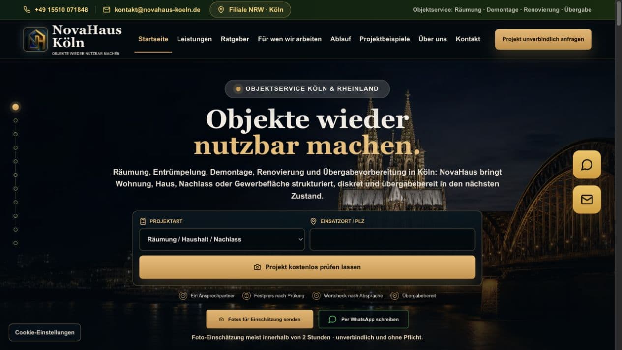 Screenshot des öffentlich erreichbaren BetriebsIT Eigenprojekts NovaHaus Köln
