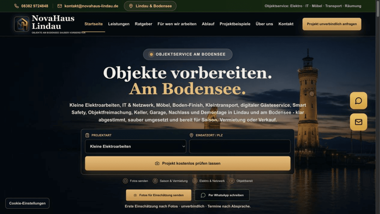 Screenshot des öffentlich erreichbaren BetriebsIT Eigenprojekts NovaHaus Lindau